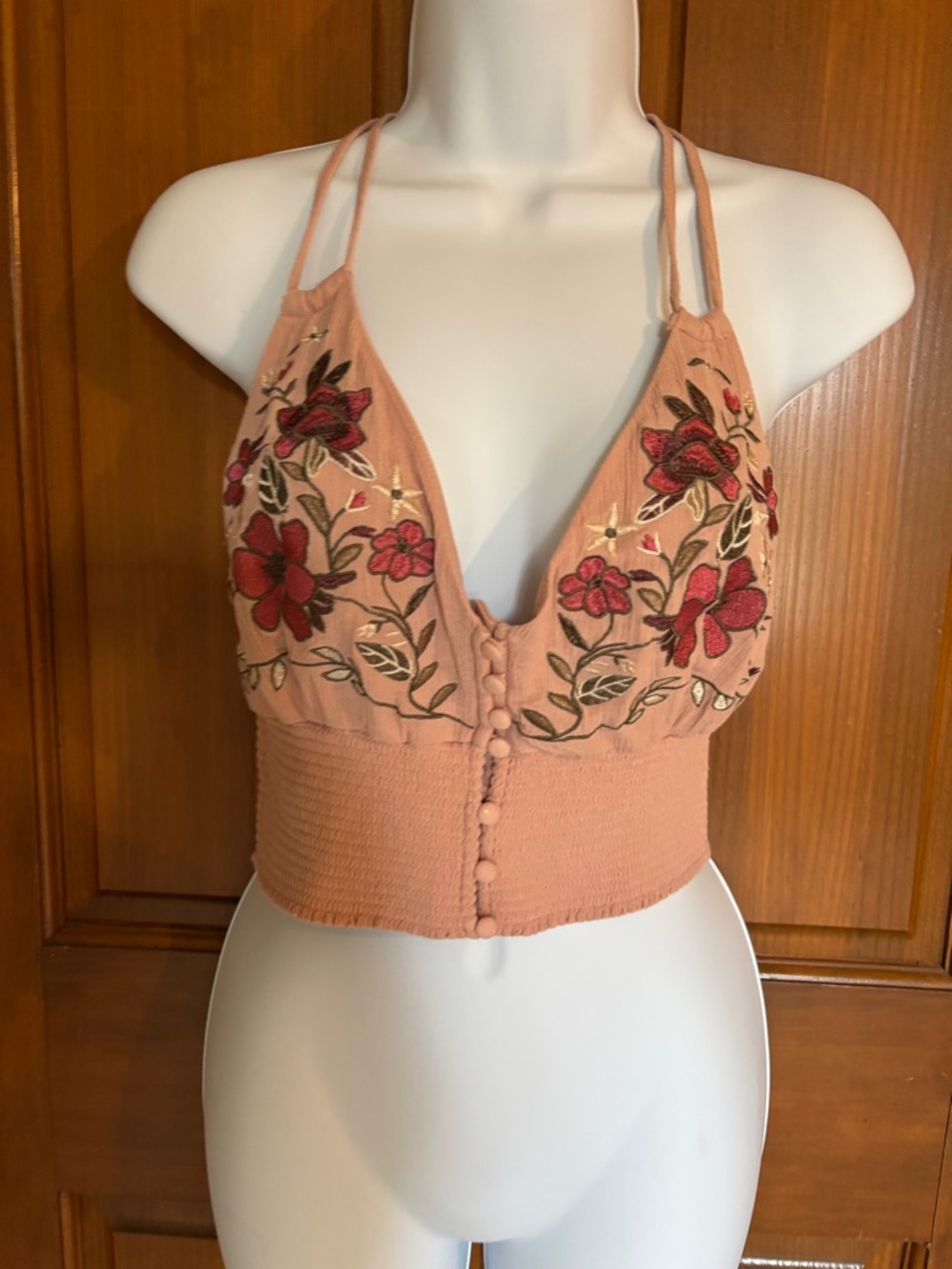 Forever 21 Dusty Peach Embroidered Floral Halter Crop Top